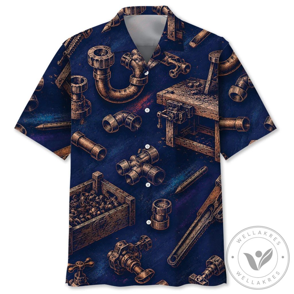Vintage Welder Tools Pattern Men's Hawaiian Shirt 11 Vintage Plumber Tools and Pipes All Over Print Hawaiian Shirt