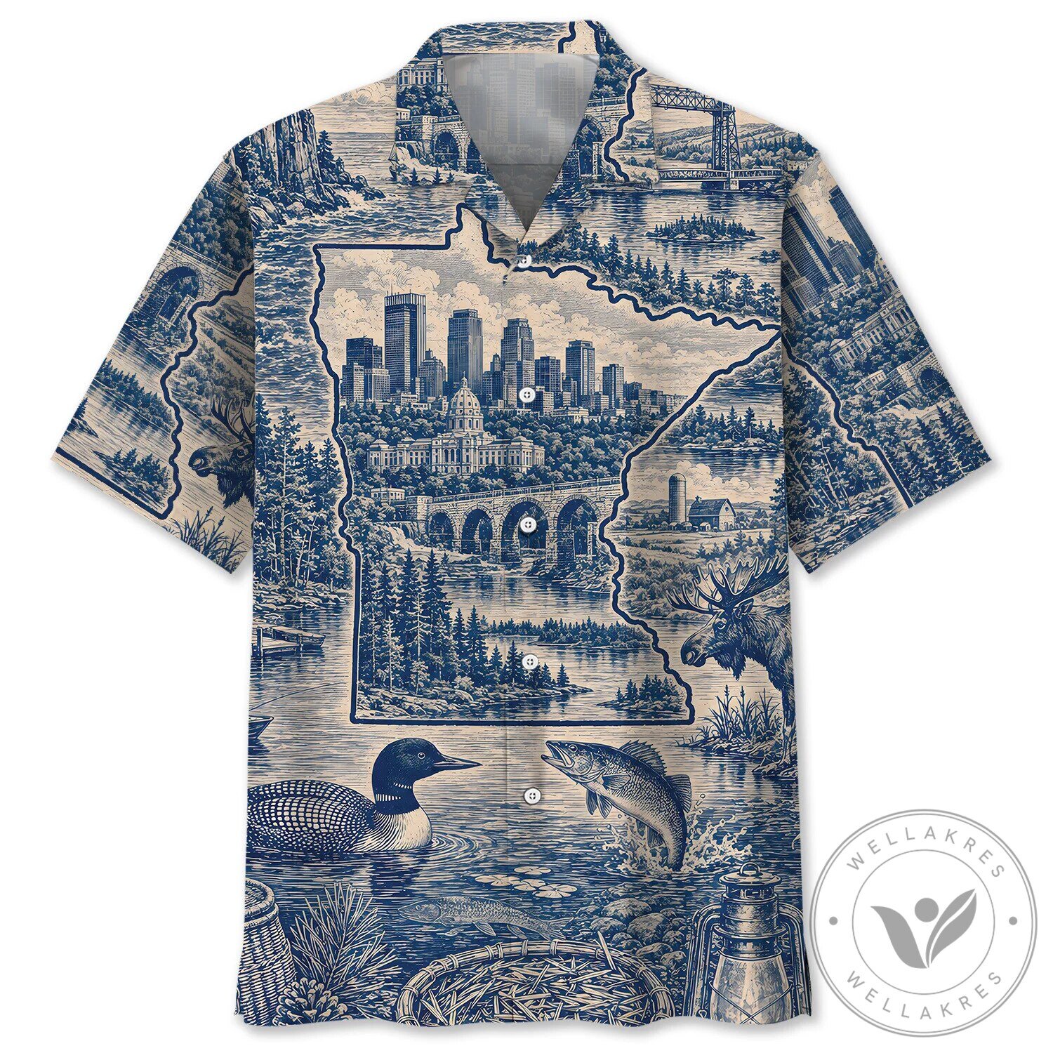 Minnesota State Map Vintage Toile Pattern Hawaiian Shirt