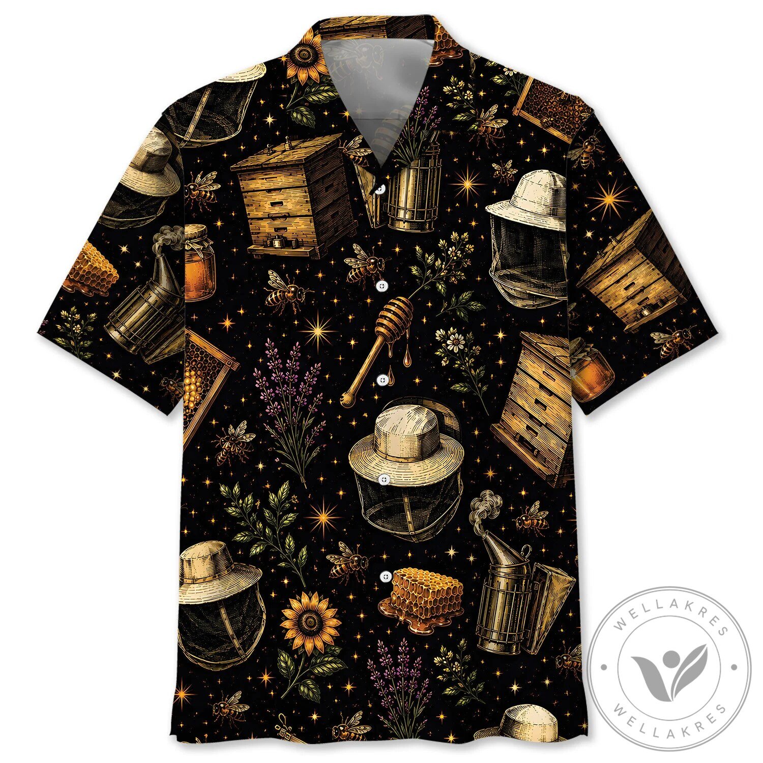 Vintage Beekeeper Honey Bee Hive Floral Pattern Black Hawaiian Shirt