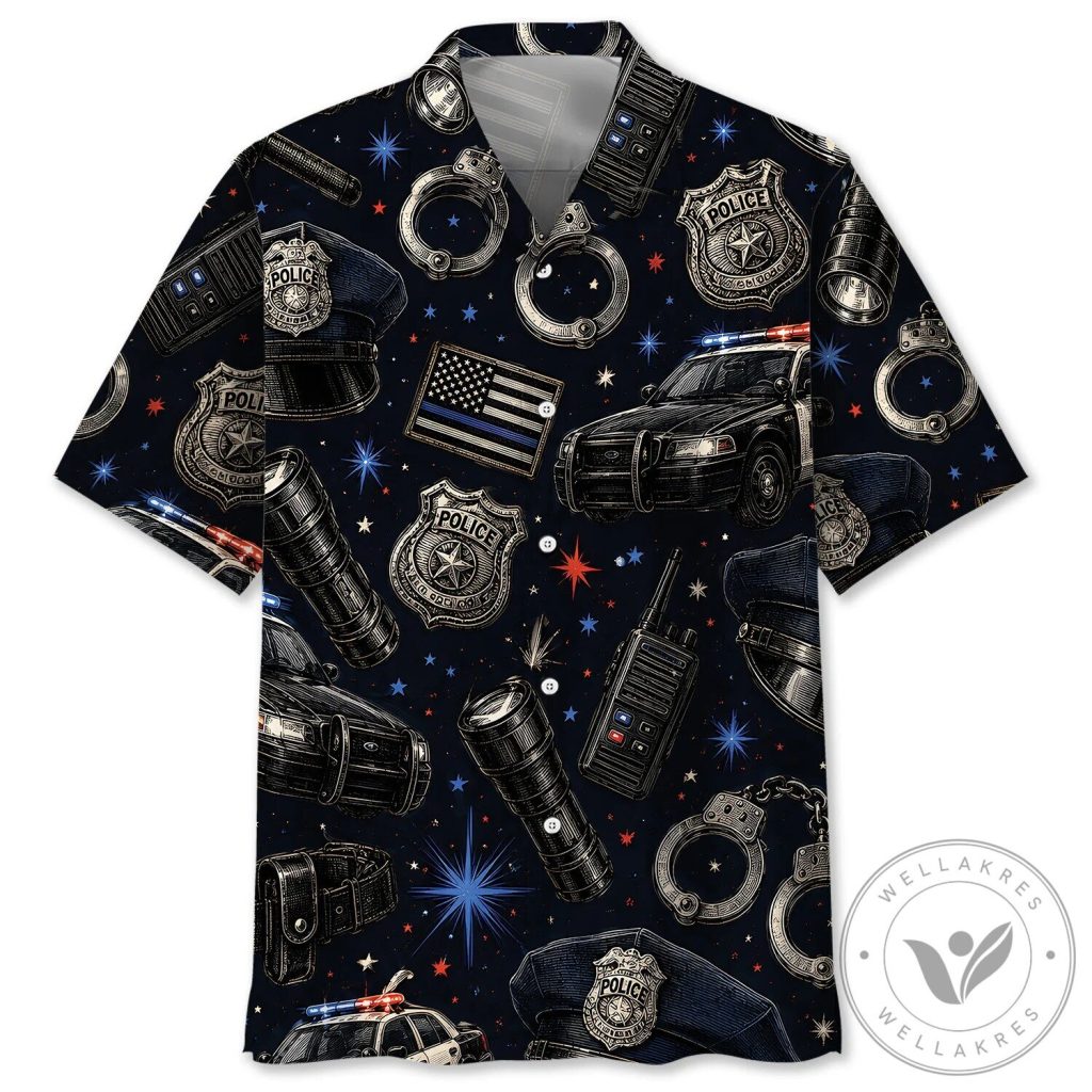 Vintage Police Officer Uniform Elements and Thin Blue Line Flag Hawaiian Shirt 1 Vintage Police Officer Uniform Elements and Thin Blue Line Flag Hawaiian Shirt
