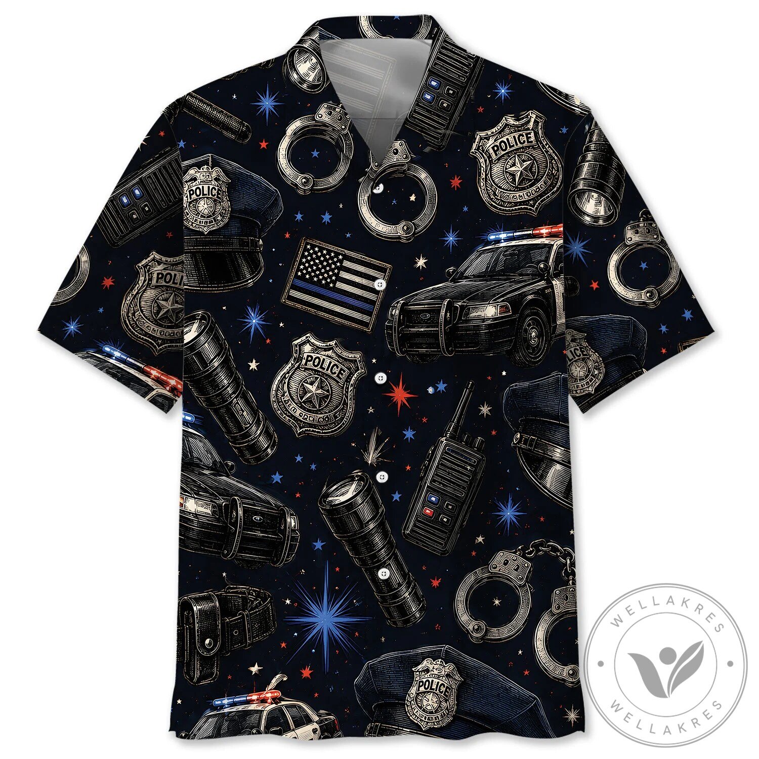 Vintage Police Officer Uniform Elements and Thin Blue Line Flag Hawaiian Shirt