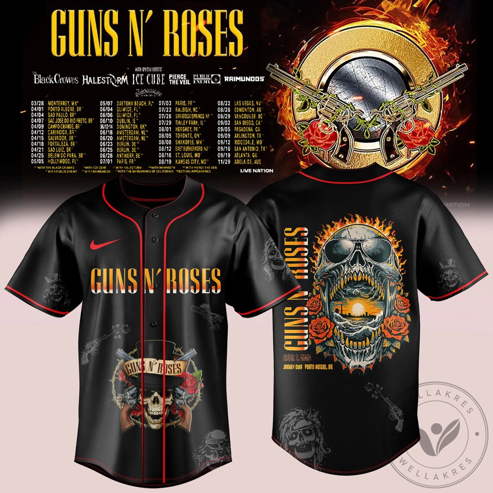 Guns N' Roses Here We Go 2026 Tour Black Baseball Jersey