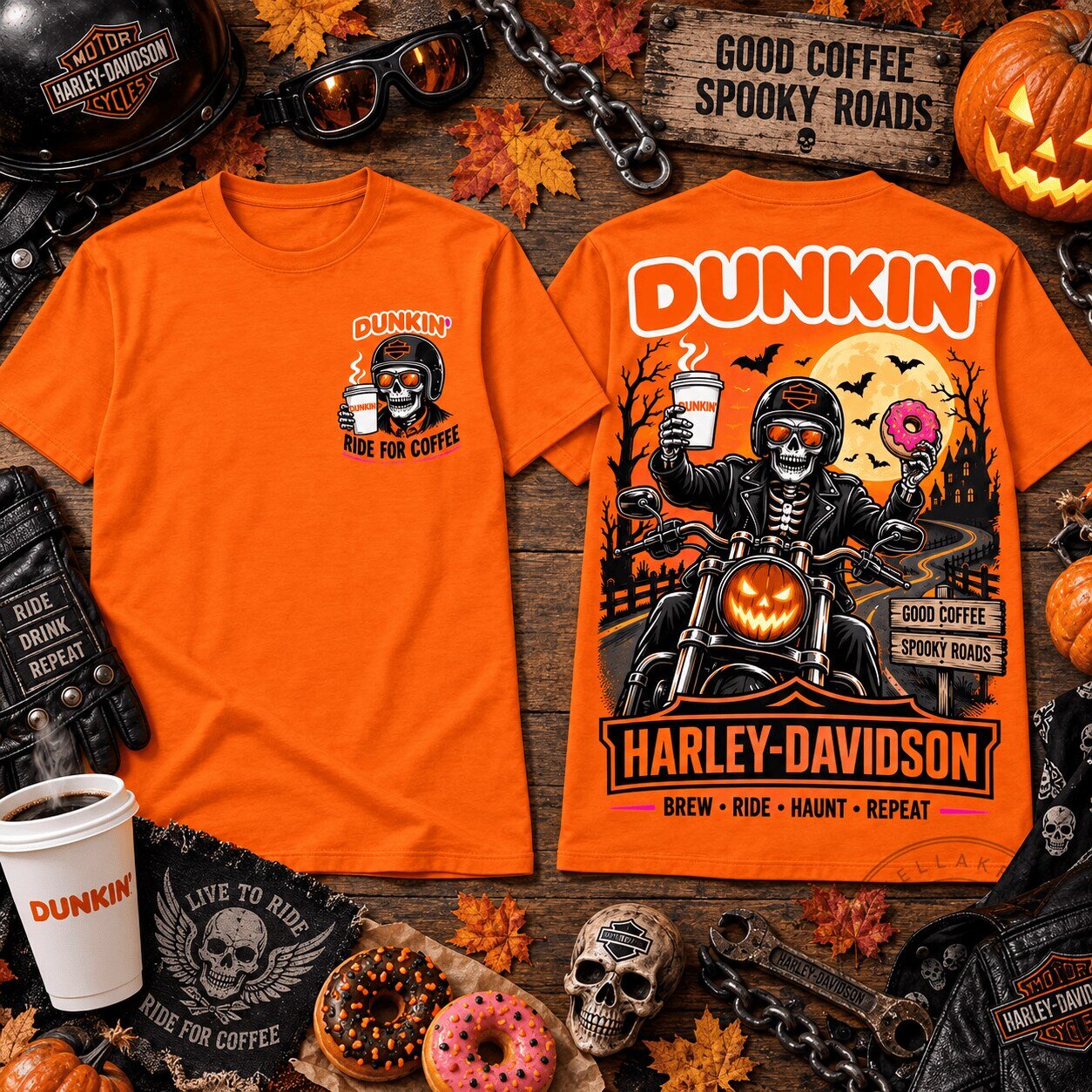 Harley Davidson Coffee Biker Halloween Graphic T-Shirt