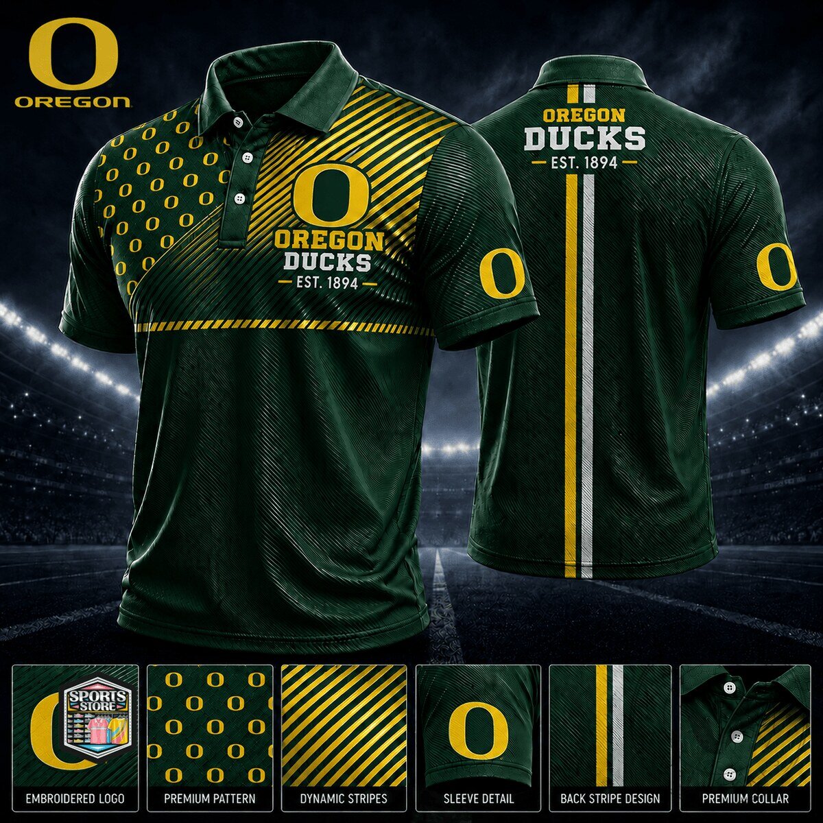 Oregon Ducks Polo Shirt Men's Green and Yellow Striped Team Logo 2 Oregon Ducks Polo Shirt Men's Green and Yellow Striped Team Logo