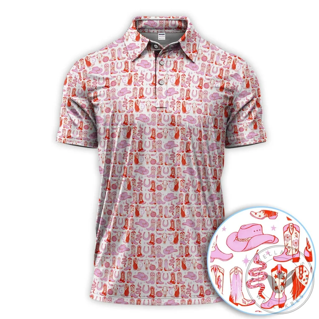 Pink Western Cowboy Boots Pattern Polo Shirt, Country Rodeo Style Shirt For Men 4 Pink Western Cowboy Boots Pattern Polo Shirt, Country Rodeo Style Shirt For Men