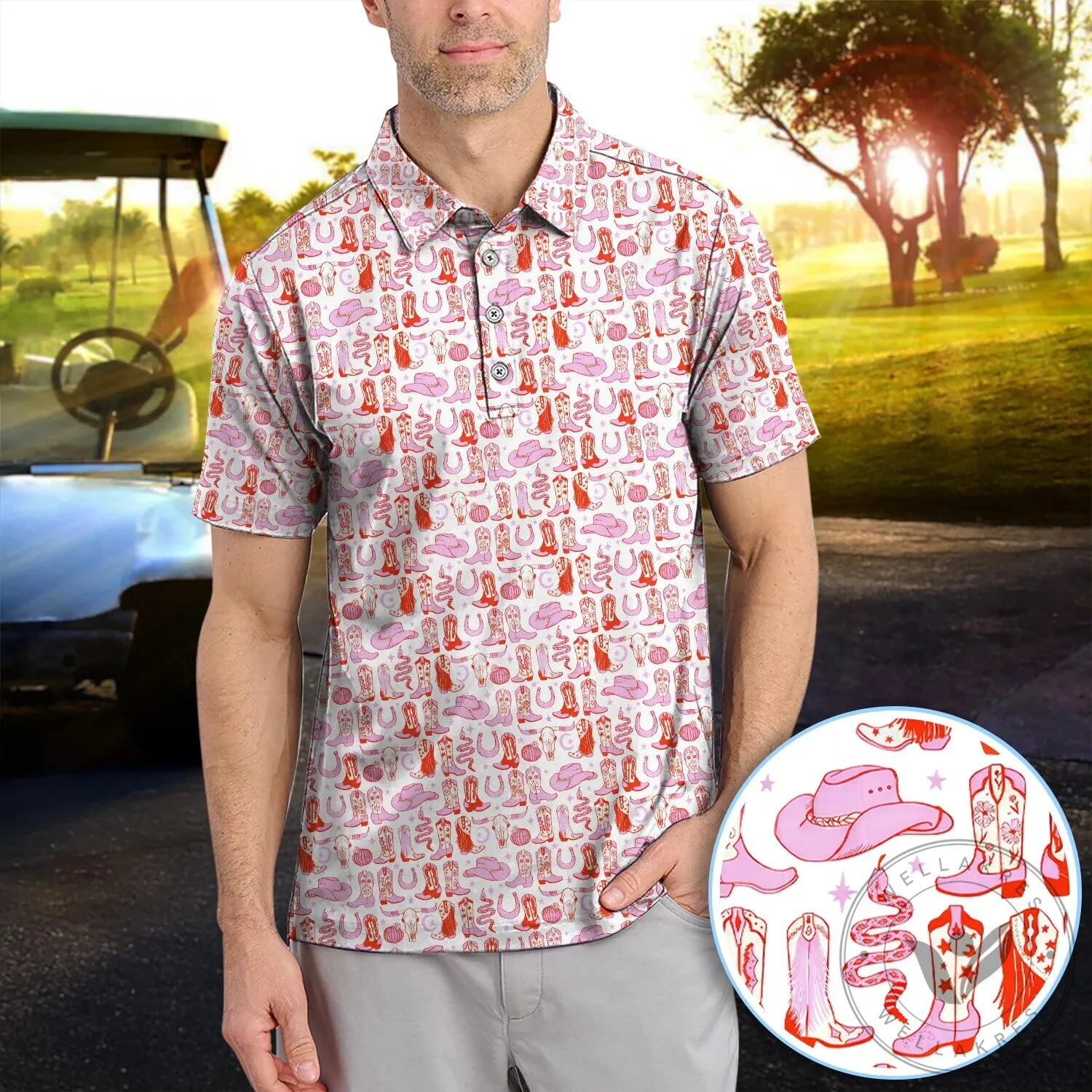 Pink Western Cowboy Boots Pattern Polo Shirt, Country Rodeo Style Shirt For Men 18 Pink Western Cowboy Boots Pattern Polo Shirt, Country Rodeo Style Shirt For Men