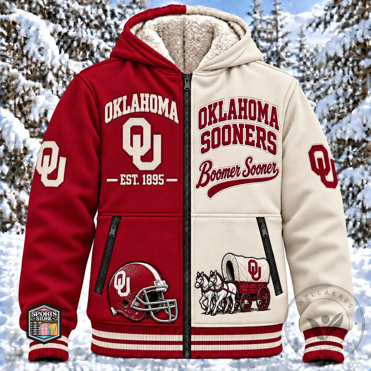 Oklahoma Sooners Boomer Sooner NCAA Football Team Sherpa Lined Winter Jacket