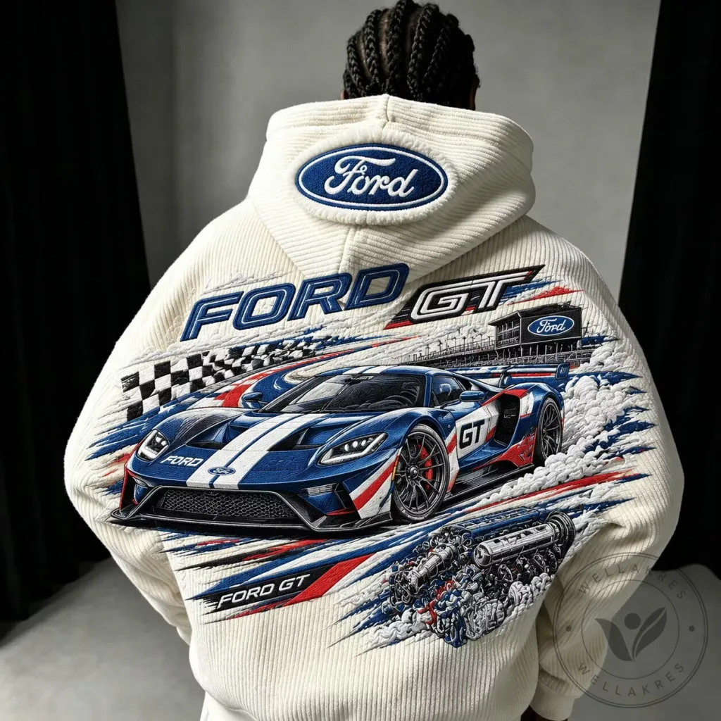 Ford GT Supercar Racing Graphic Embroidered Cream White Hoodie for Men 13 Ford GT Supercar Racing Graphic Embroidered Cream White Hoodie for Men