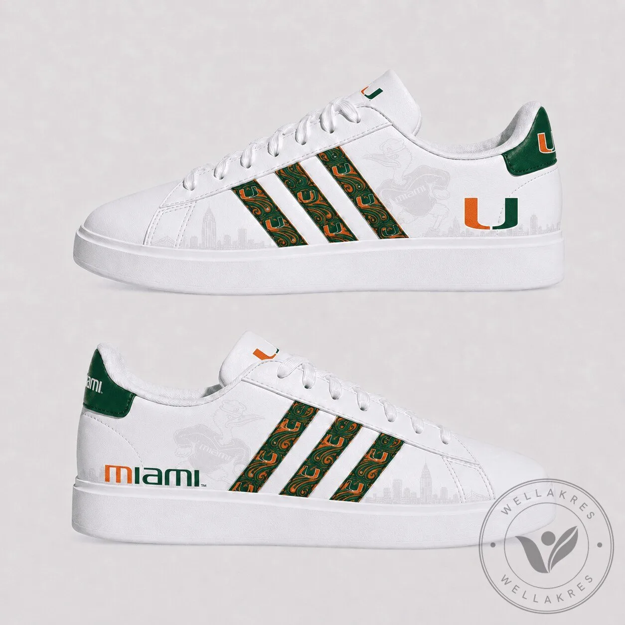 Miami Hurricanes NCAA Team Logo Pattern White Athletic Sneakers