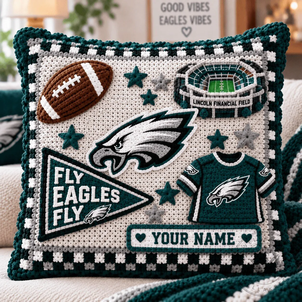 Philadelphia Eagles NFL Team Crocheted Throw Pillow Custom Name Football Fan Gift