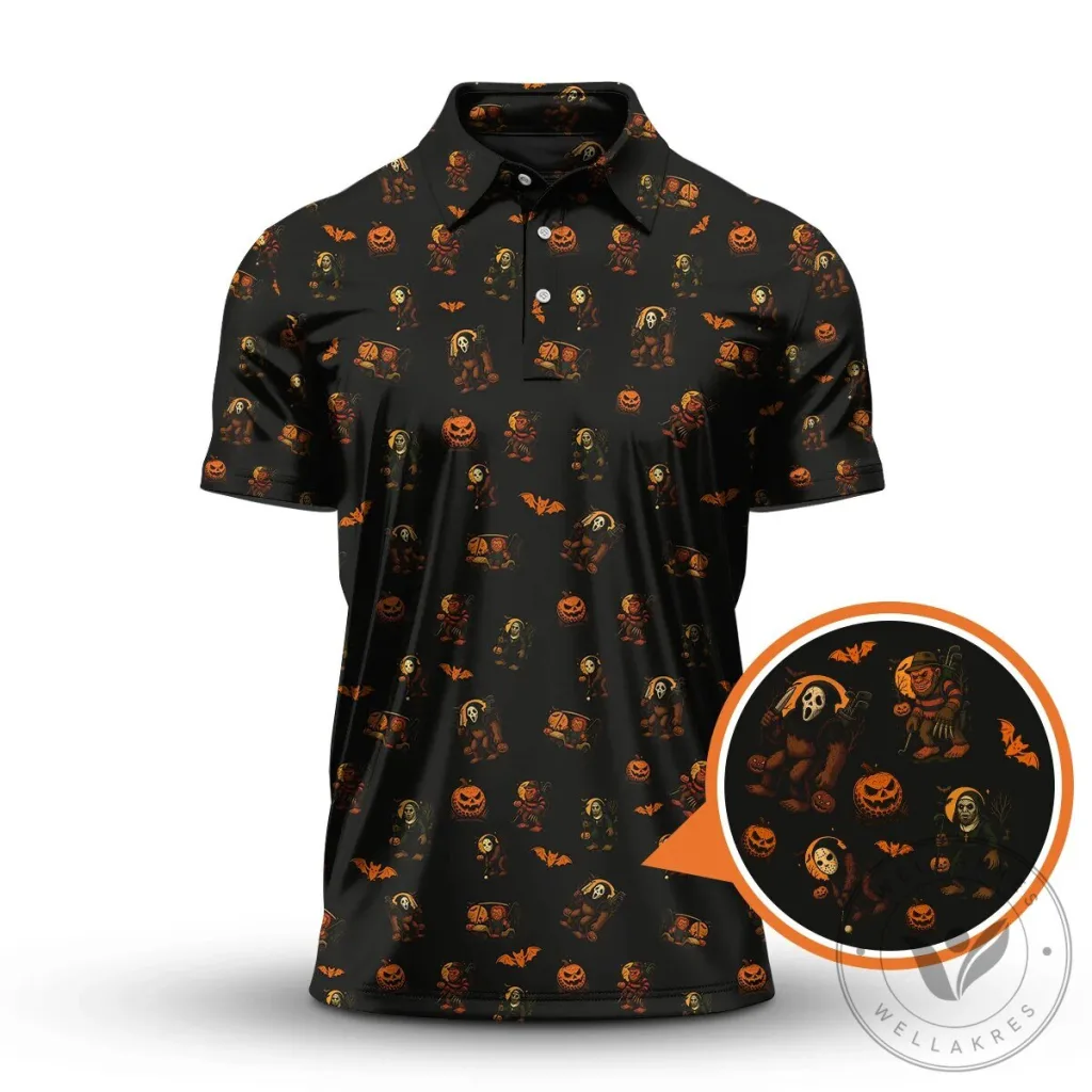 Funny Halloween Golf Polo Shirt with Bigfoot and Pumpkin Pattern