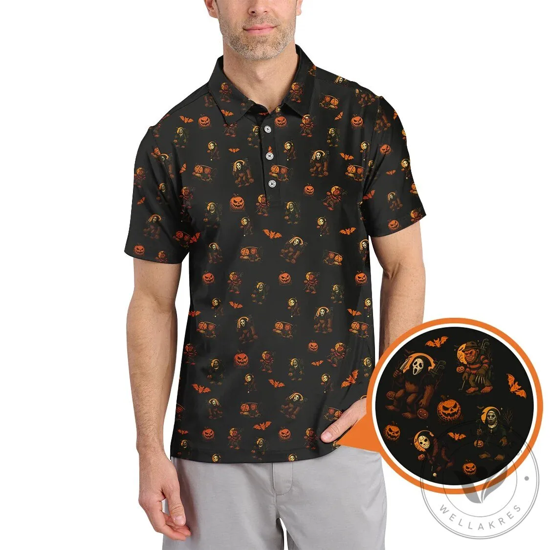 Funny Halloween Golf Polo Shirt with Bigfoot and Pumpkin Pattern 12 Funny Halloween Golf Polo Shirt with Bigfoot and Pumpkin Pattern