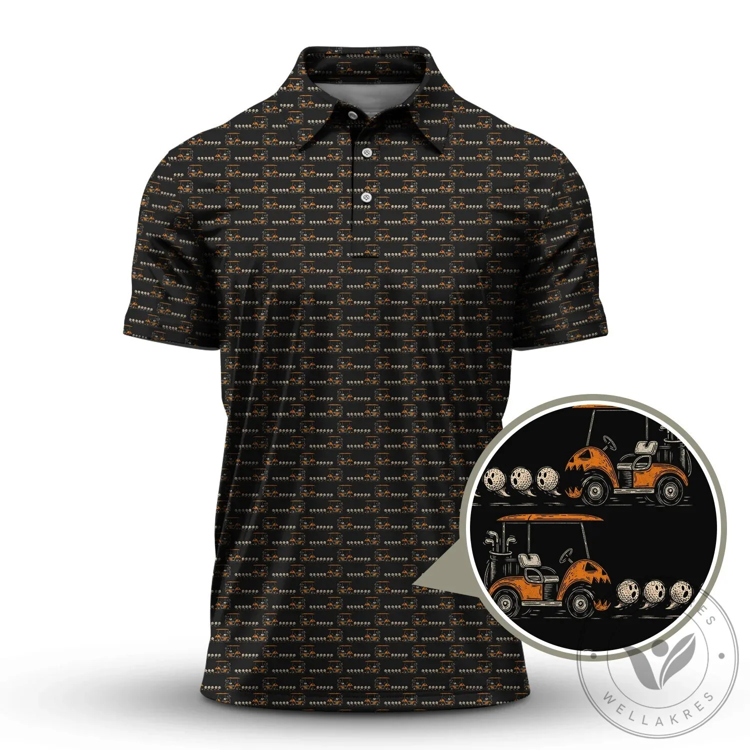 Funny Halloween Shirt, Golf Cart Pumpkin Pattern Polo Shirt for Men