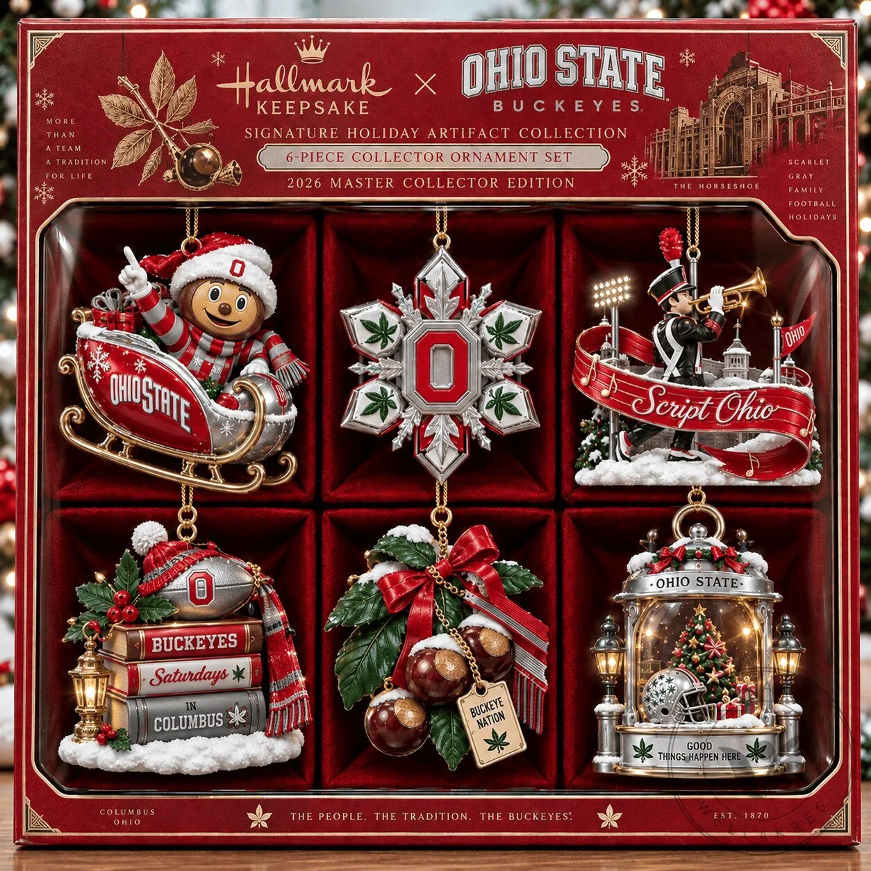 Ohio State Buckeyes Christmas Tree Holiday Ornament Set