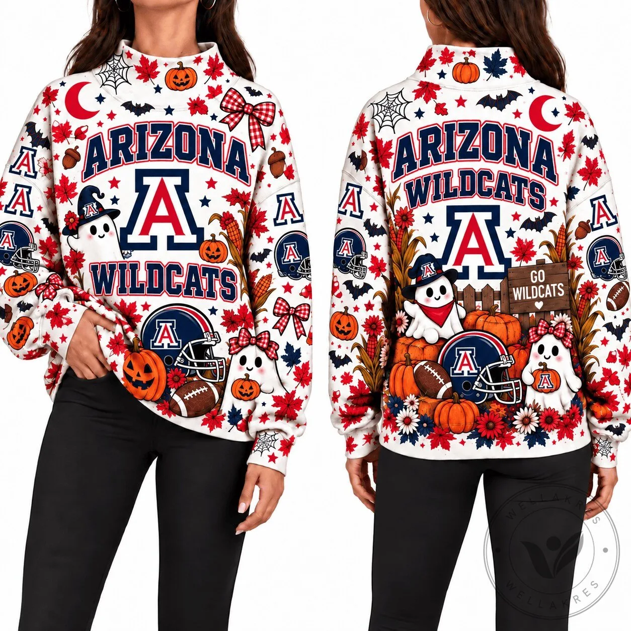 Arizona Wildcats Halloween Ghost Pumpkin Fall Leaves Pattern Sweatshirt