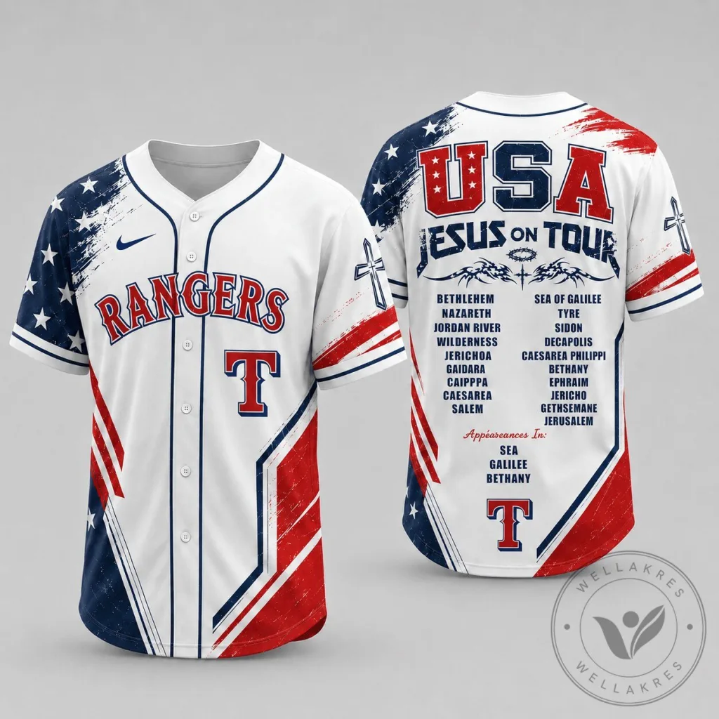 Texas Rangers Baseball Jesus On Tour White And Red Jersey Texas Rangers Baseball Jesus On Tour White And Red Jersey