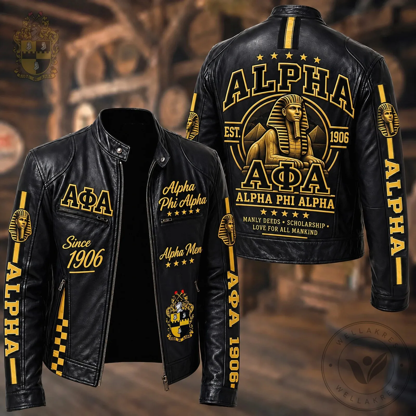 Alpha Phi Alpha Fraternity Black Leather Jacket with Gold Accents