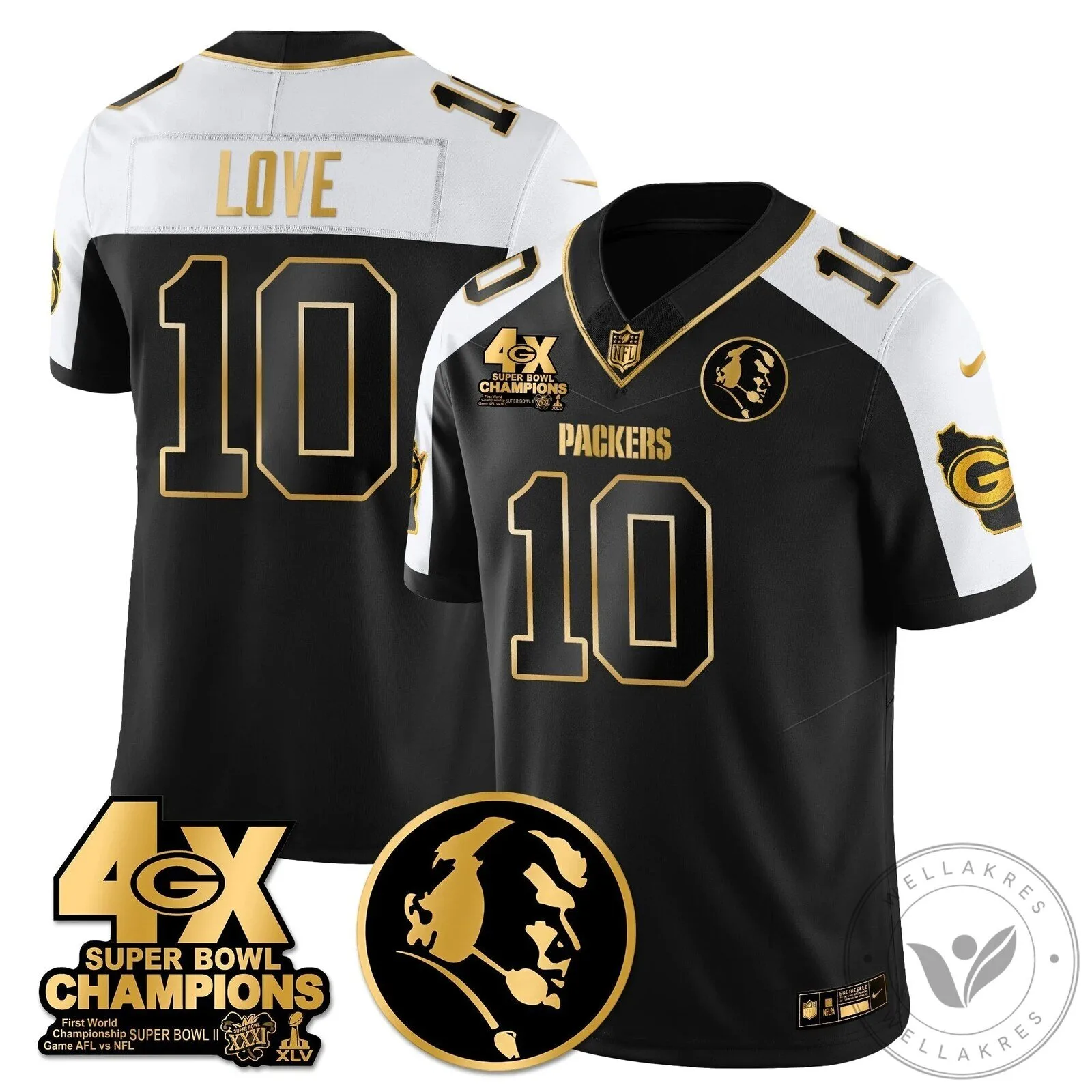 John Madden Green Bay Packers Super Bowl Champions Black Gold Football Jersey