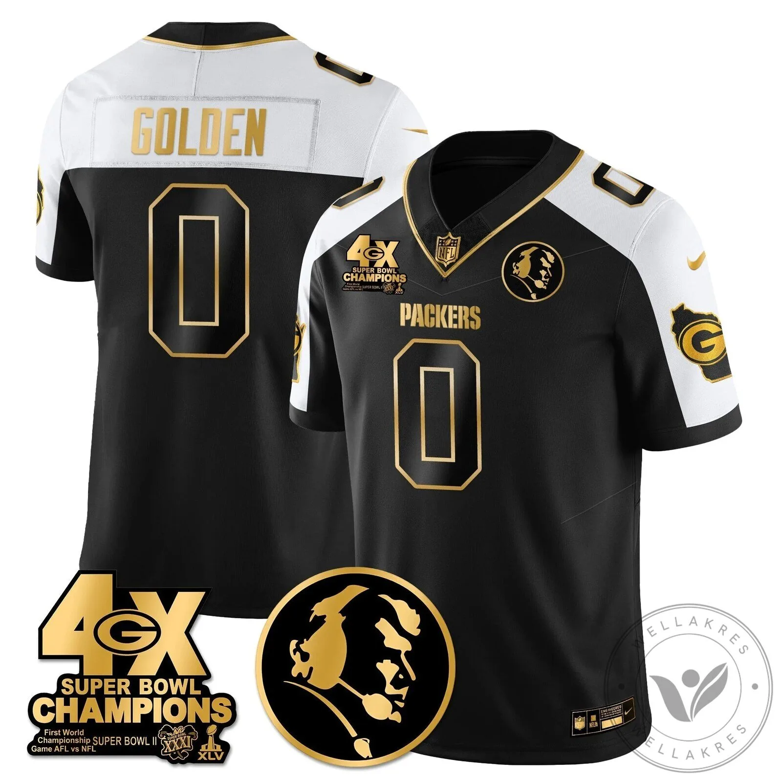 John Madden Green Bay Packers Super Bowl Champions Black Gold Football Jersey 42 John Madden Green Bay Packers Super Bowl Champions Black Gold Football Jersey