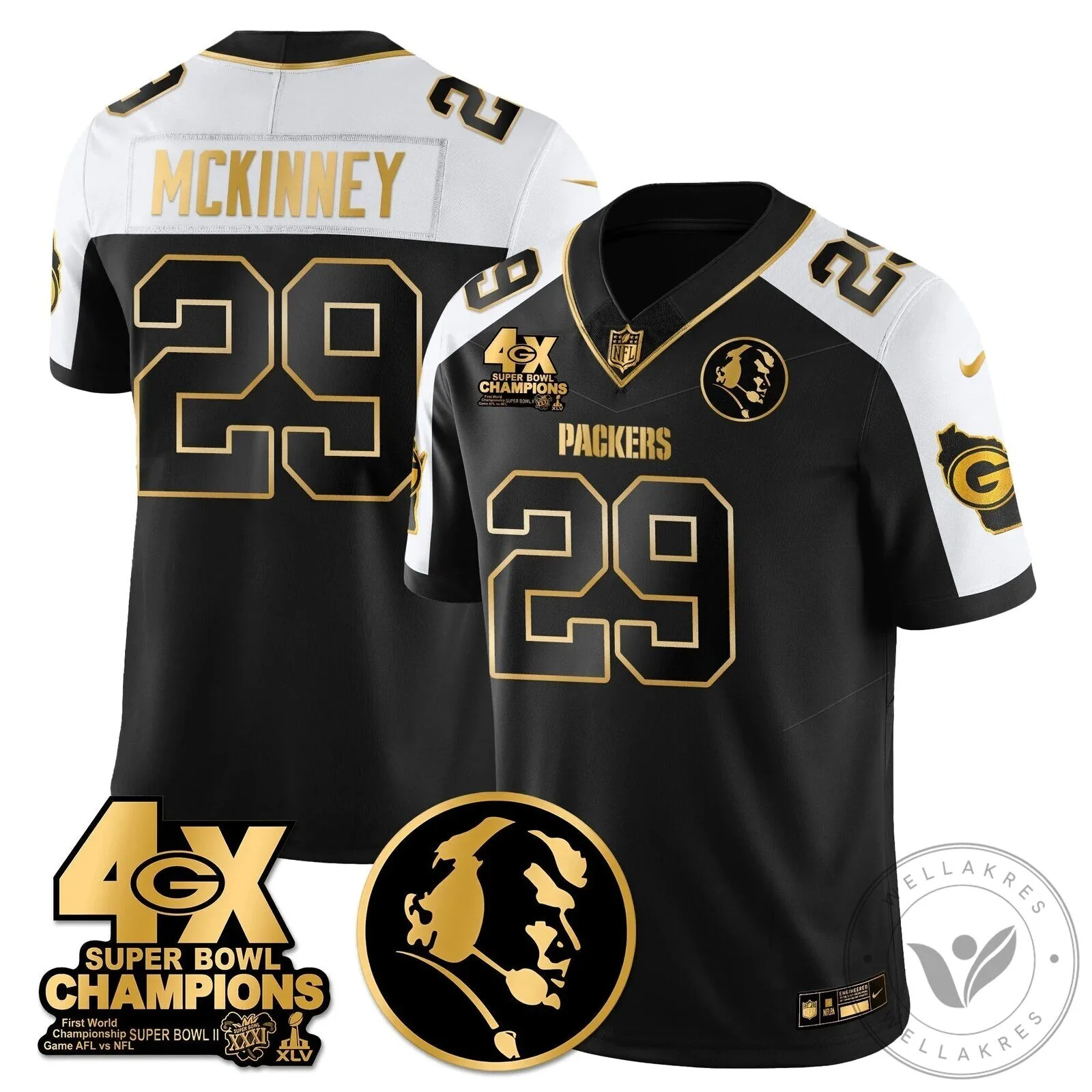 John Madden Green Bay Packers Super Bowl Champions Black Gold Football Jersey 44 John Madden Green Bay Packers Super Bowl Champions Black Gold Football Jersey