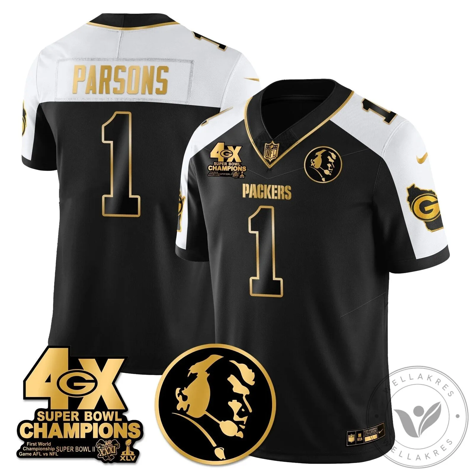 John Madden Green Bay Packers Super Bowl Champions Black Gold Football Jersey 45 John Madden Green Bay Packers Super Bowl Champions Black Gold Football Jersey