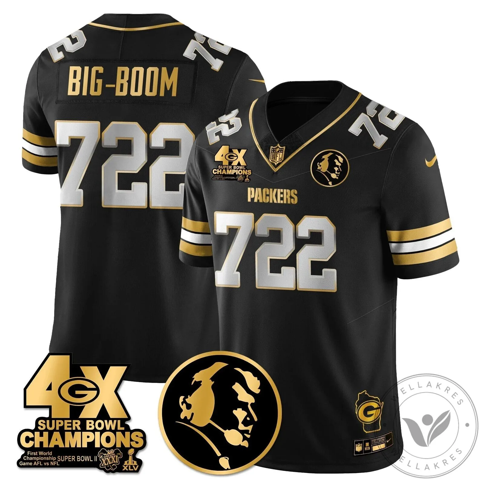 John Madden Green Bay Packers Super Bowl Champions Black Gold Football Jersey 49 John Madden Green Bay Packers Super Bowl Champions Black Gold Football Jersey