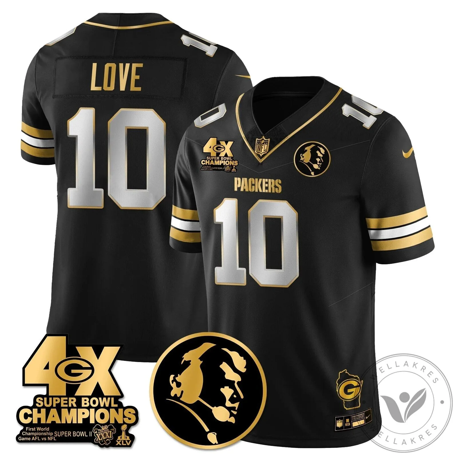 John Madden Green Bay Packers Super Bowl Champions Black Gold Football Jersey 52 John Madden Green Bay Packers Super Bowl Champions Black Gold Football Jersey
