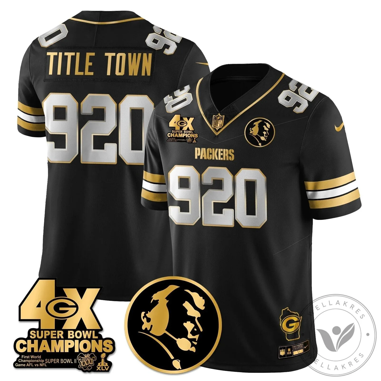 John Madden Green Bay Packers Super Bowl Champions Black Gold Football Jersey 55 John Madden Green Bay Packers Super Bowl Champions Black Gold Football Jersey