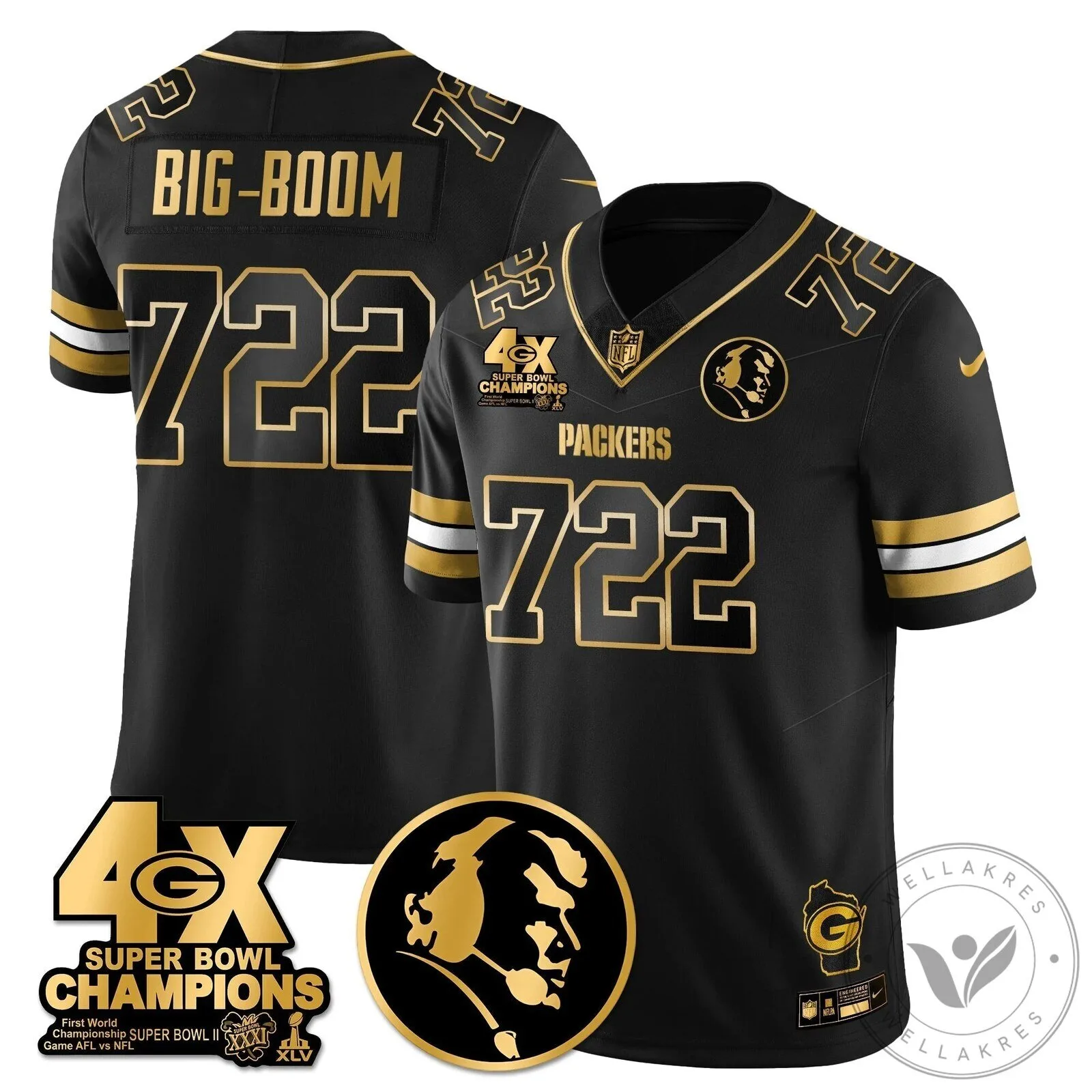 John Madden Green Bay Packers Super Bowl Champions Black Gold Football Jersey 58 John Madden Green Bay Packers Super Bowl Champions Black Gold Football Jersey