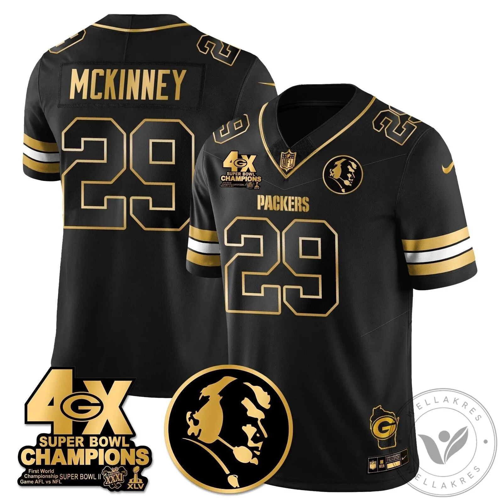 John Madden Green Bay Packers Super Bowl Champions Black Gold Football Jersey 62 John Madden Green Bay Packers Super Bowl Champions Black Gold Football Jersey