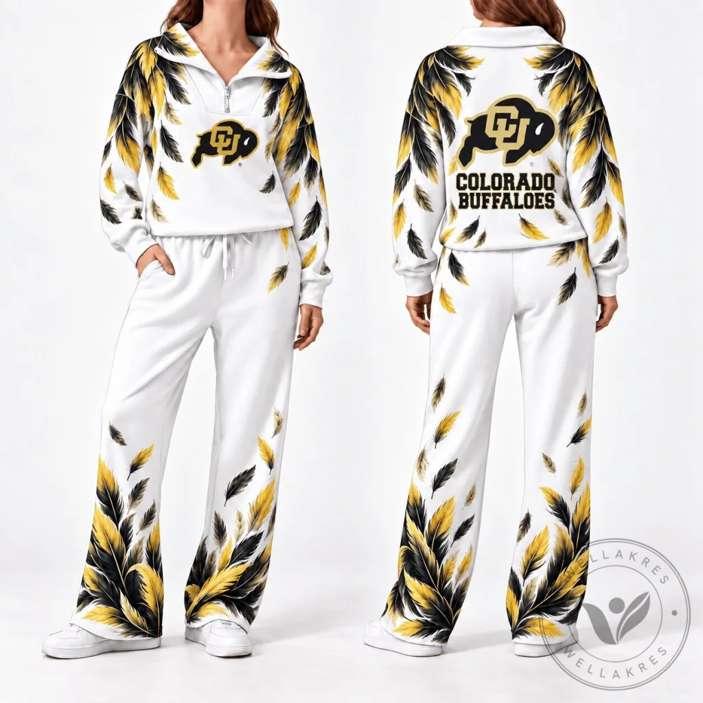 Colorado Buffaloes Feather Pattern White Quarter Zip Pullover and Pants Set 1 Colorado Buffaloes Feather Pattern White Quarter Zip Pullover and Pants Set