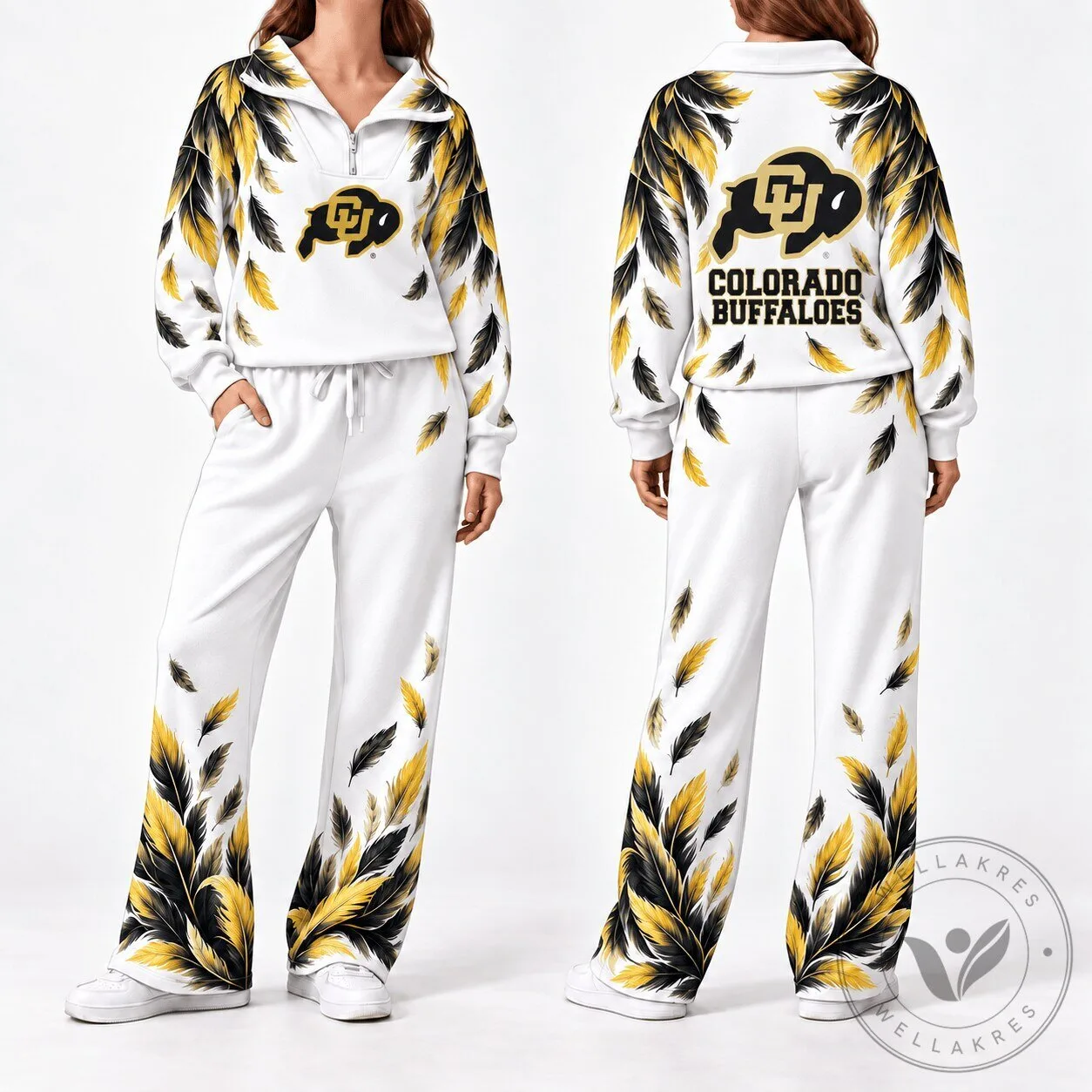 Colorado Buffaloes Feather Pattern White Quarter Zip Pullover and Pants Set