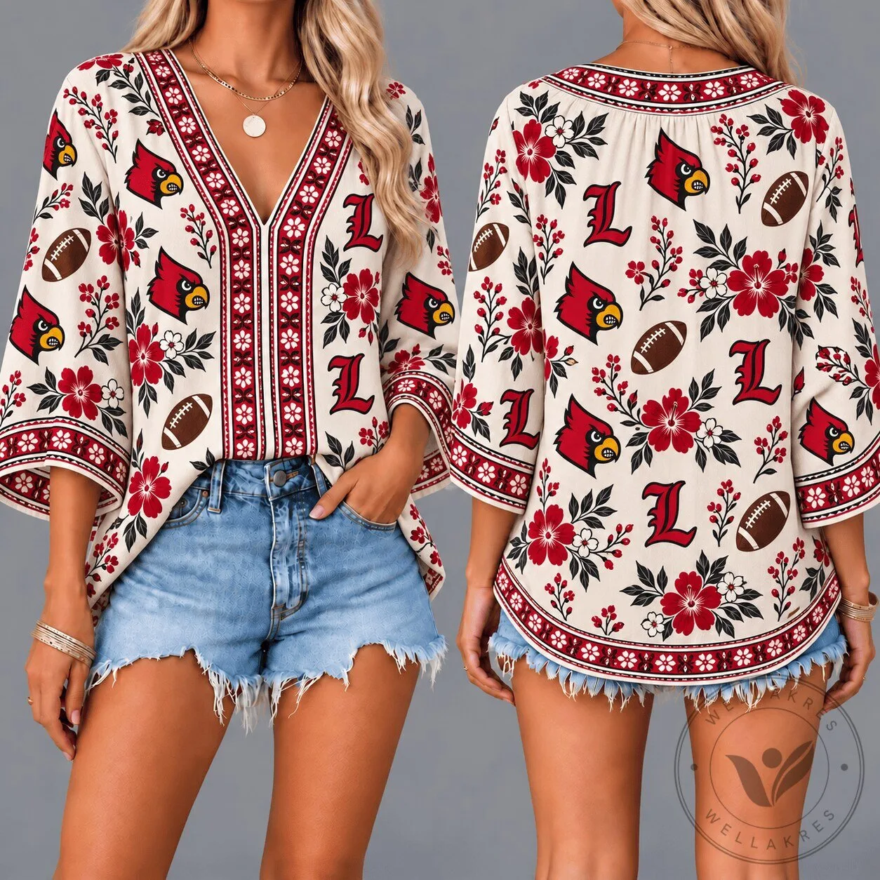 Louisville Cardinals Football Floral Boho V-Neck Blouse