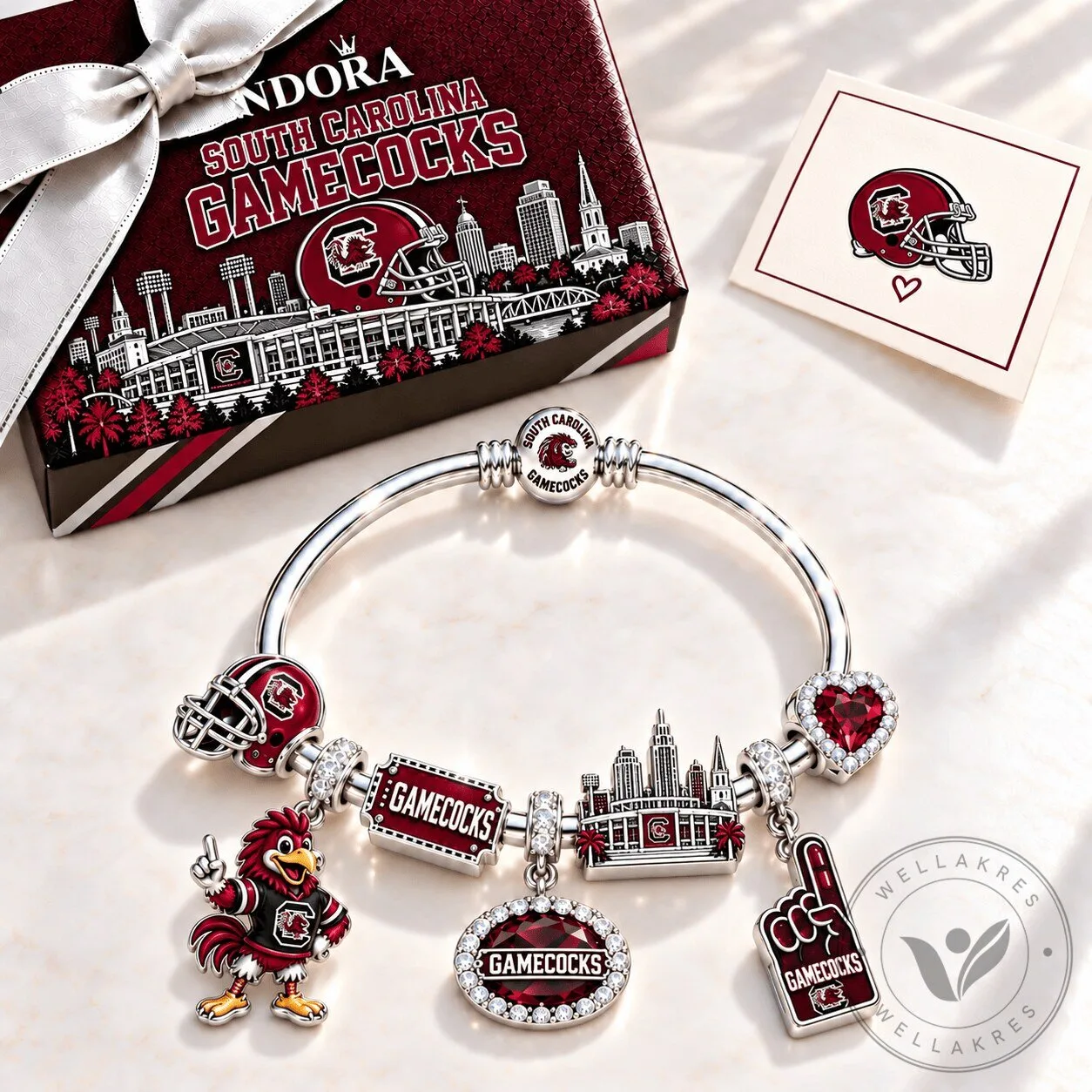 South Carolina Gamecocks Silver Charm Bracelet with Red Crystal Heart 1 South Carolina Gamecocks Silver Charm Bracelet with Red Crystal Heart