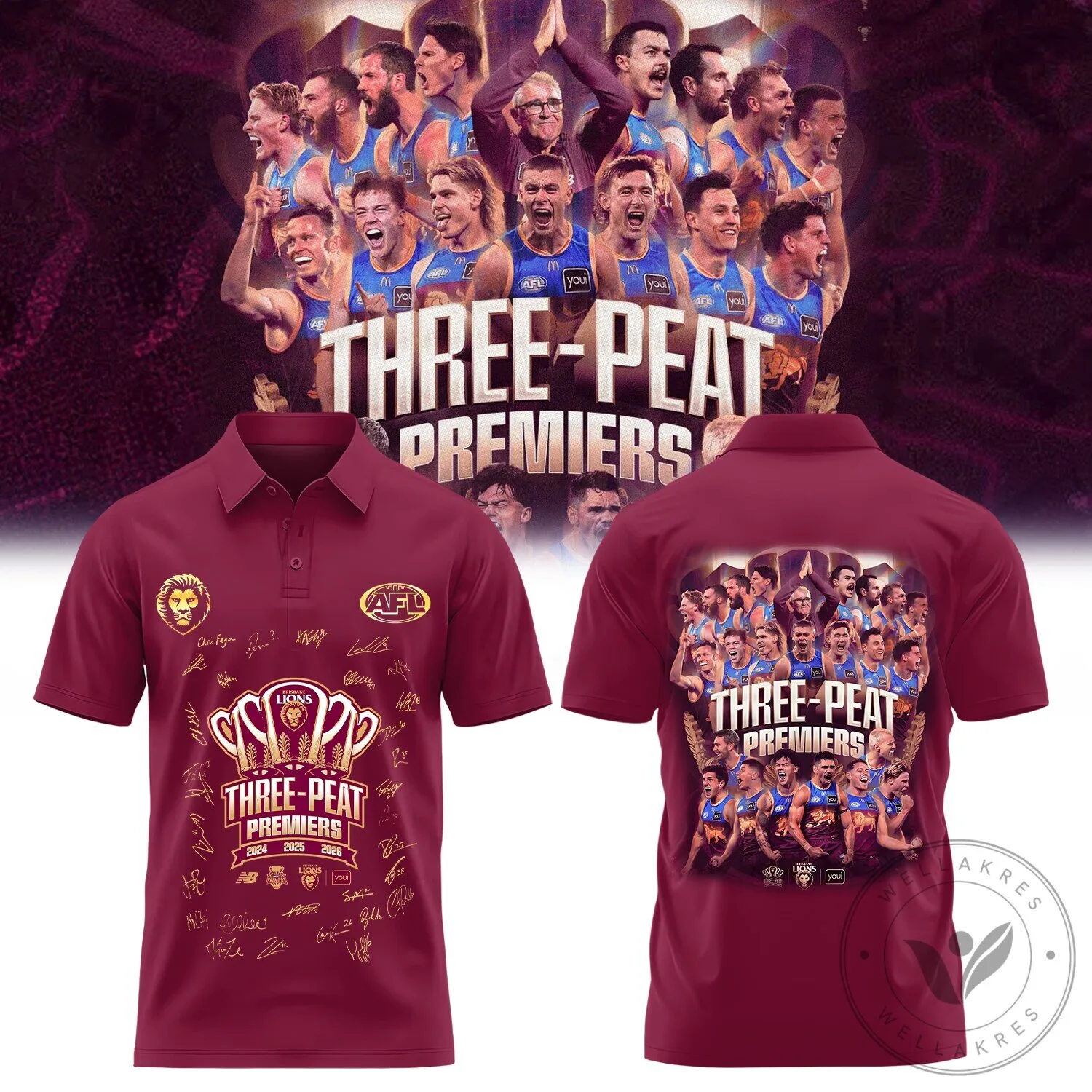 AFL Polo Shirt for Brisbane Lions 2024 2025 2026 Three-Peat Champions