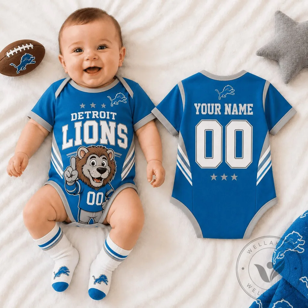 Detroit Lions Mascot Baby Romper Custom Name and Number 1 Detroit Lions Mascot Baby Romper Custom Name and Number