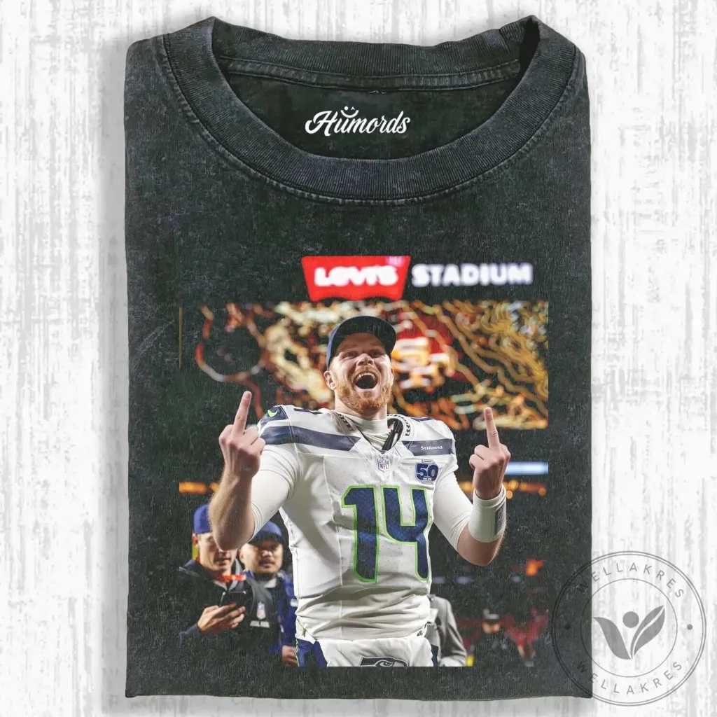 Seattle Seahawks Graphic T-Shirt with Sam Darnold Football Player Design Seattle Seahawks Graphic T-Shirt with Sam Darnold Football Player Design
