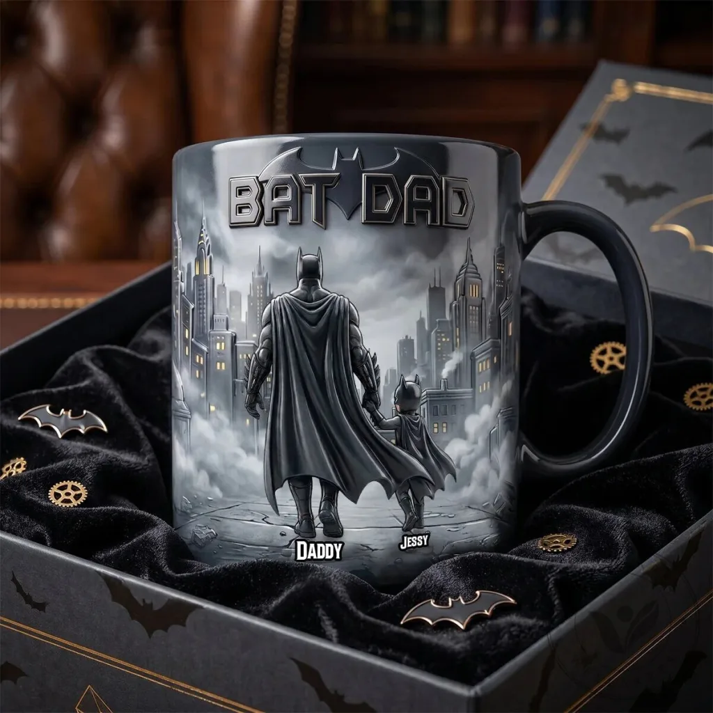 Batman Bat Dad and Son Personalized Cityscape Father's Day Coffee Mug Batman Bat Dad and Son Personalized Cityscape Father's Day Coffee Mug
