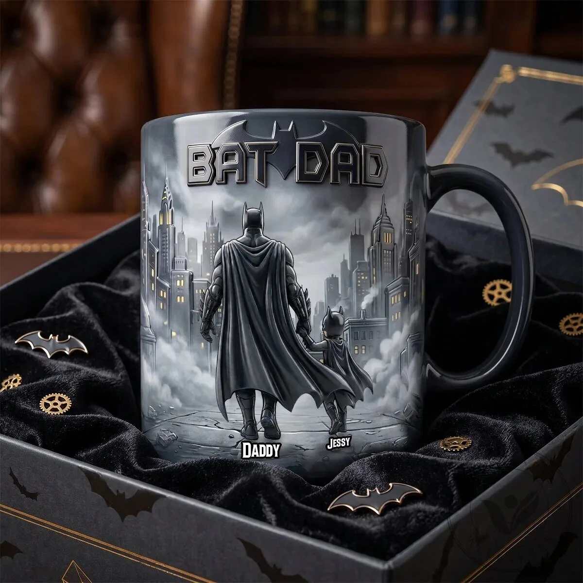Batman Bat Dad and Son Personalized Cityscape Father's Day Coffee Mug