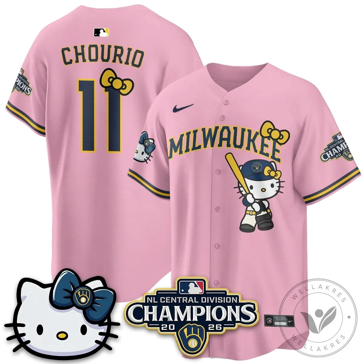 Milwaukee Brewers Hello Kitty Christian Yelich Baseball Jersey 62 Milwaukee Brewers Hello Kitty Christian Yelich Baseball Jersey