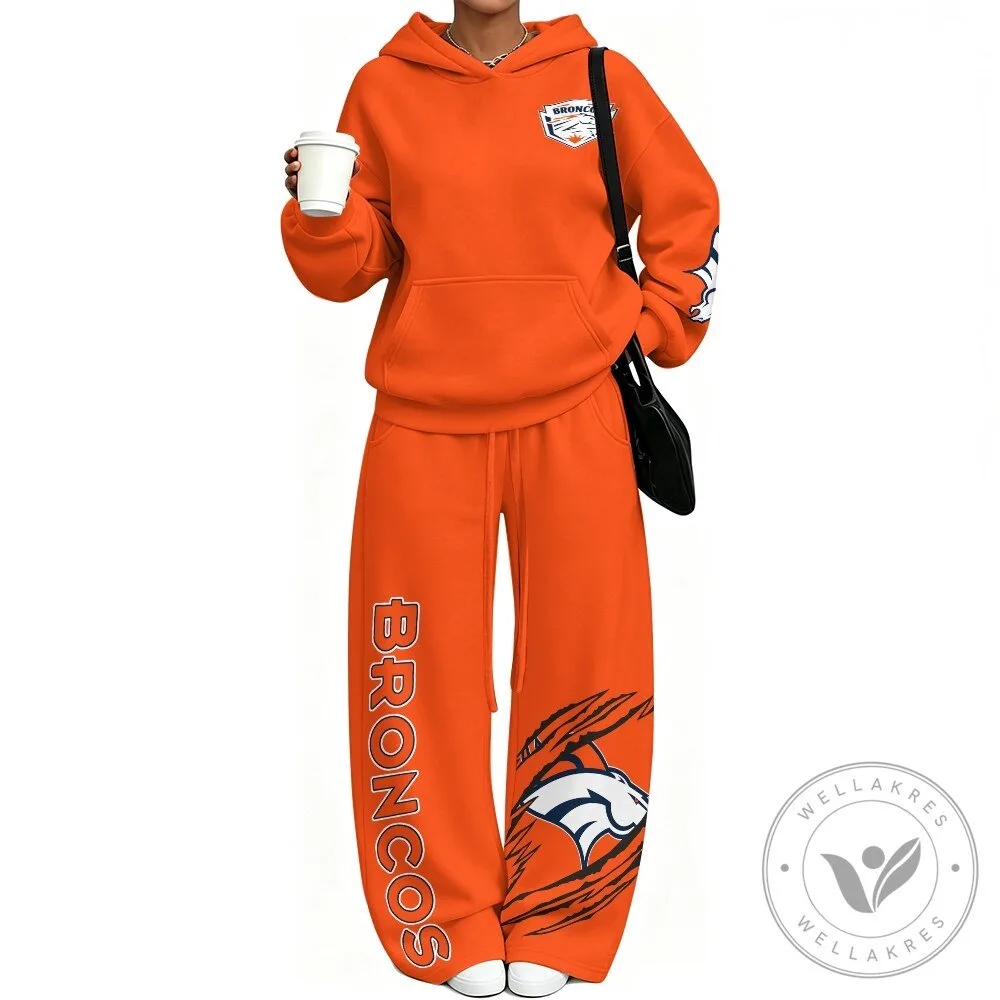 Denver Broncos Football Team Orange Hoodie and Sweatpants Set for Women