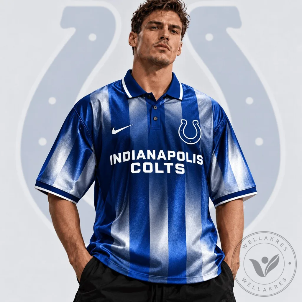Indianapolis Colts NFL Team Crest Vertical Stripe Retro Performance Polo Shirt Indianapolis Colts NFL Team Crest Vertical Stripe Retro Performance Polo Shirt
