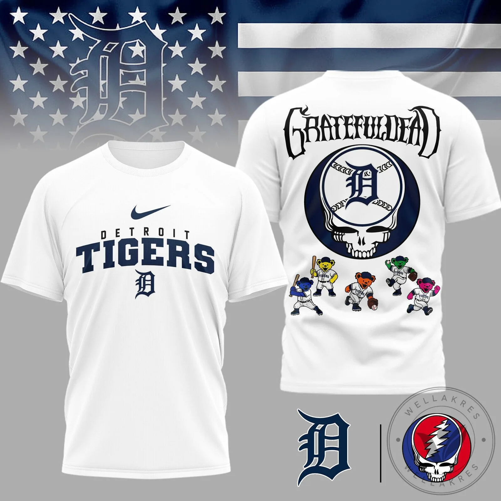 Detroit Tigers Grateful Dead Baseball Team Logo White T-Shirt