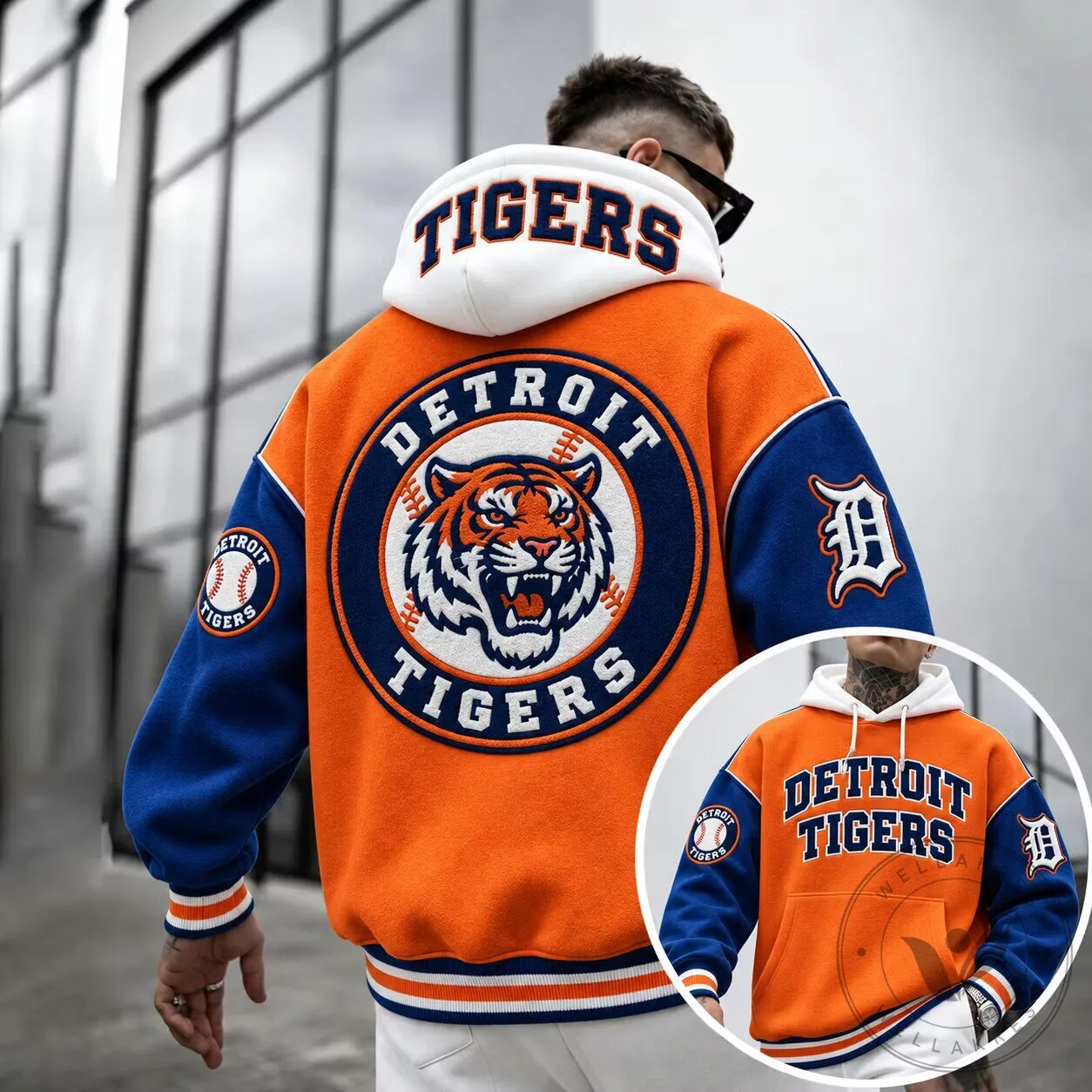 Detroit Tigers Baseball Team Logo Orange and Blue Varsity Jacket Hoodie