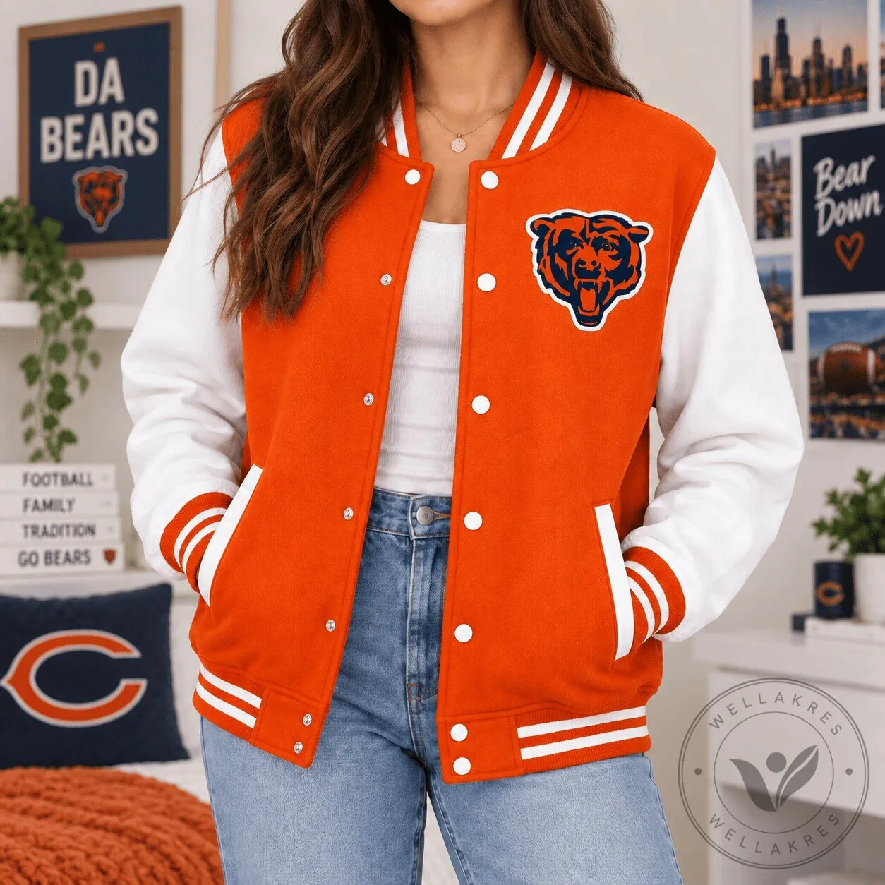 Chicago Bears NFL Classic Varsity Emblem Orange and White Bomber Jacket