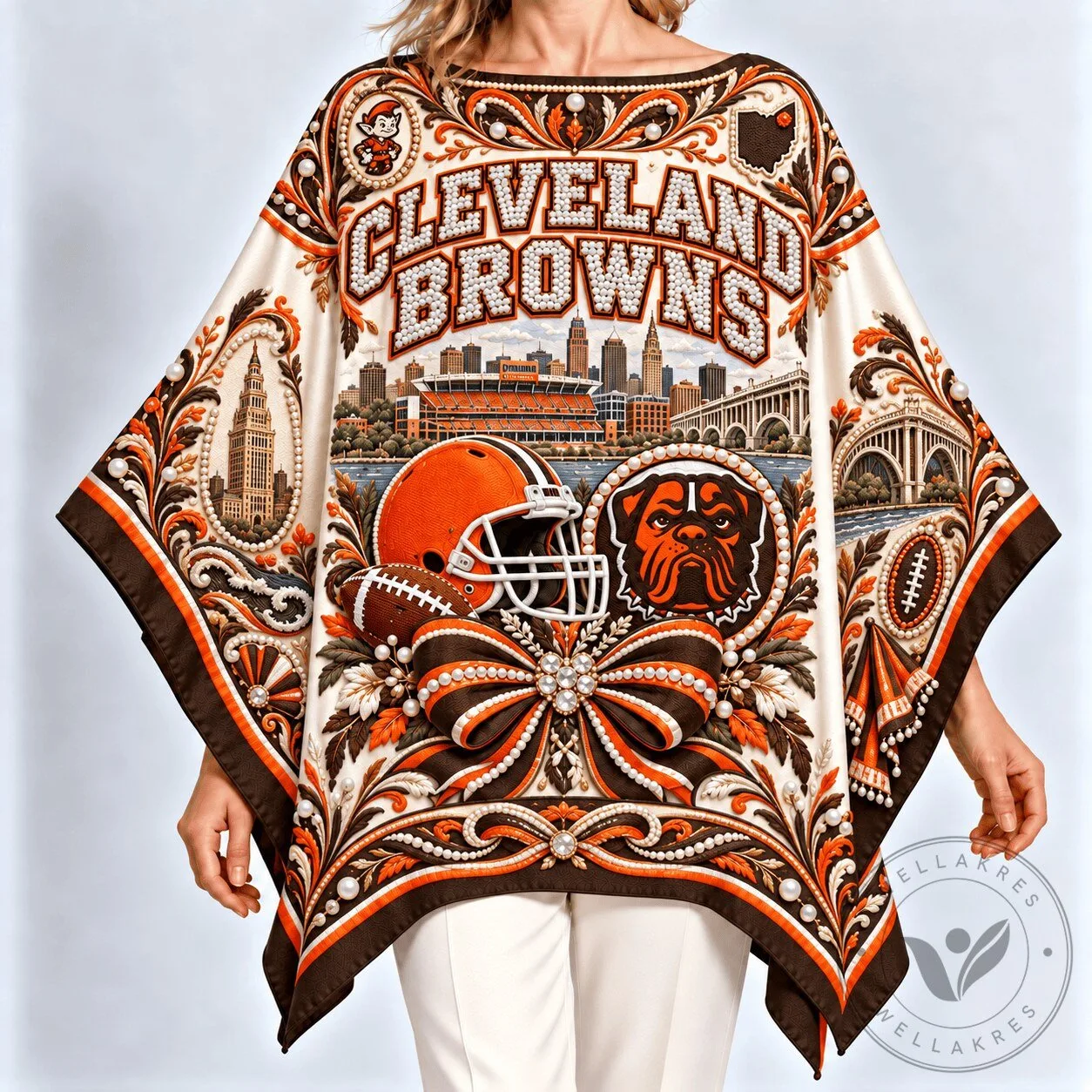Cleveland Browns Football Team Cityscape Art Print Silk Scarf Poncho