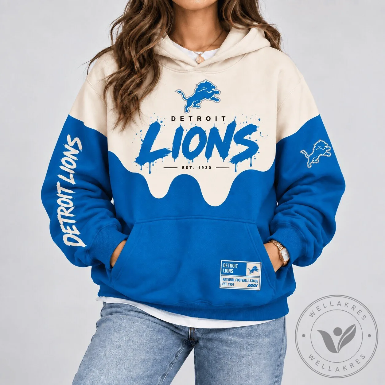 Detroit Lions National Football League Paint Splatter Cream and Blue Hoodie