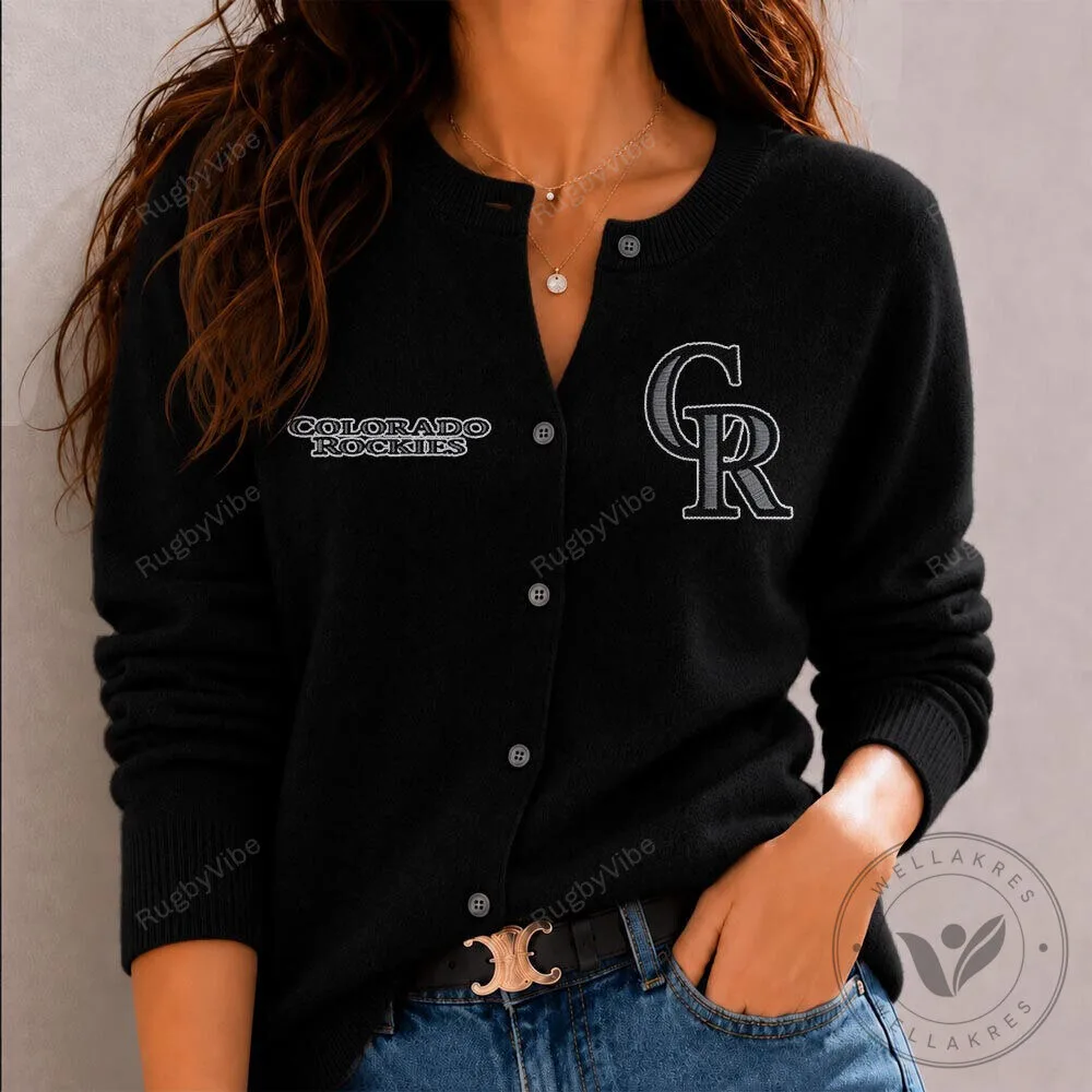 Colorado Rockies Baseball Team Logo Embroidered Black Cardigan Sweater