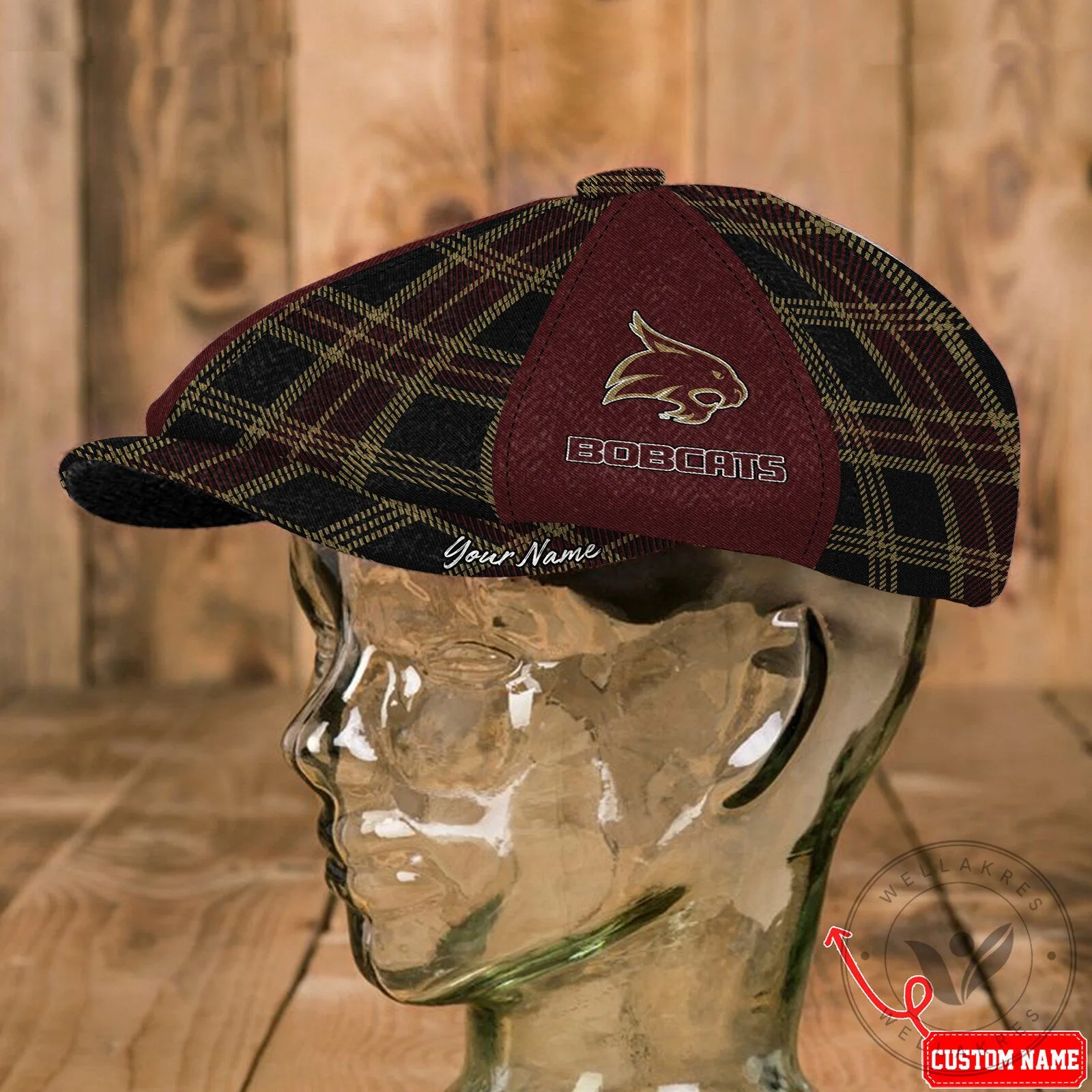 Custom Name Newsboy Cap with Texas State Bobcats Plaid Design