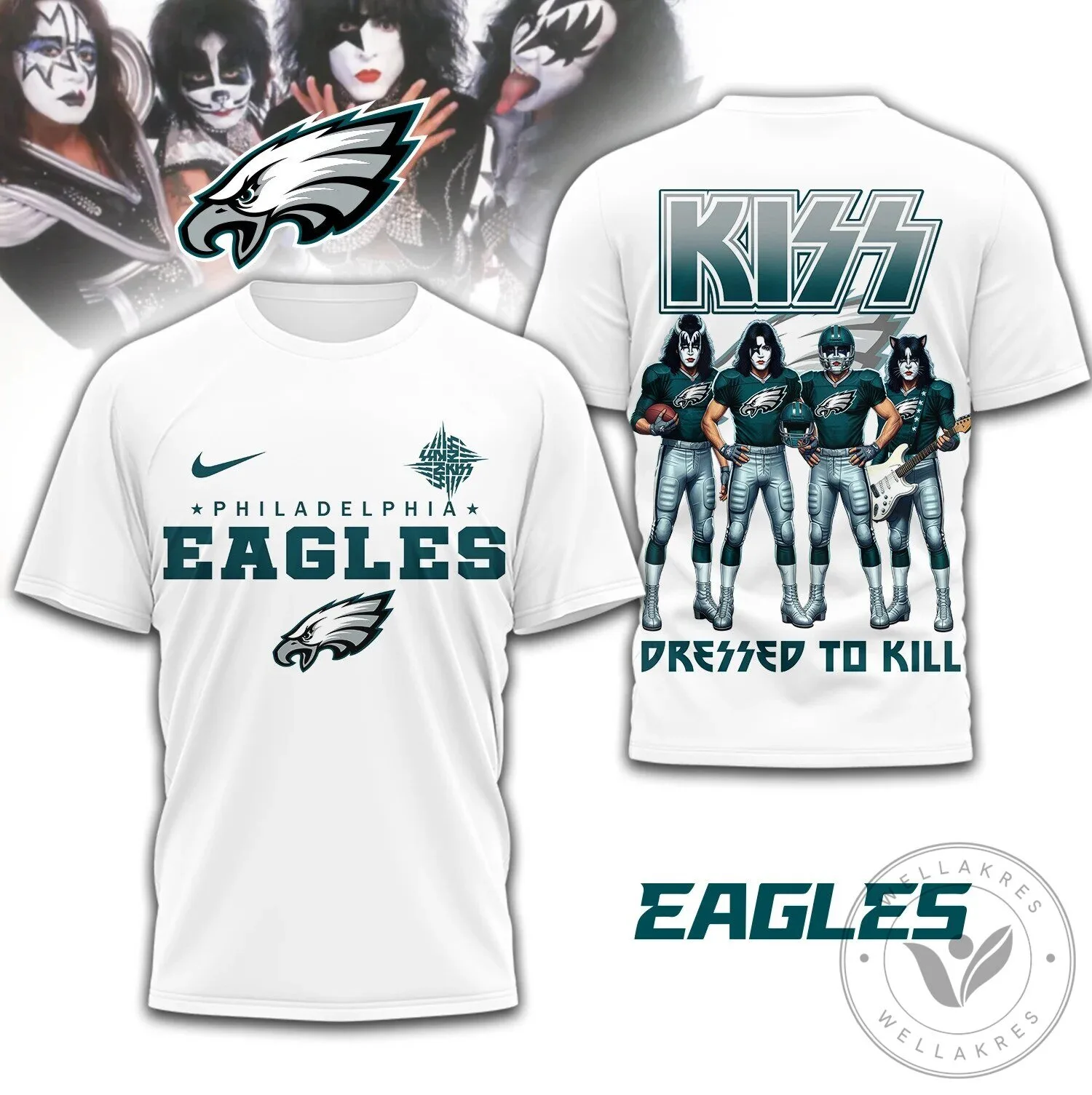 Philadelphia Eagles Kiss Band Dressed to Kill Album Art White T-Shirt